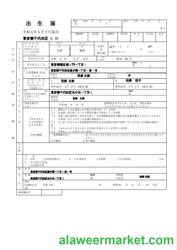 Japan vital record birth certificate in Word and PDF format template